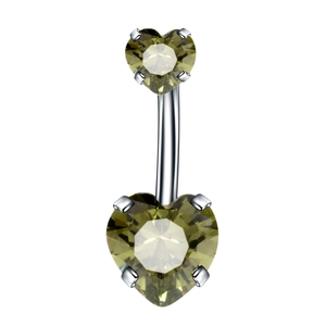 Detailed view of olive green heart-shaped zircon navel ring with silver prong setting