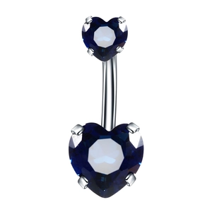 Detailed view of silver navel ring with two dark blue heart-shaped cubic zirconia stones
