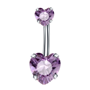 Detail view of silver curved navel piercing bar with purple heart-shaped zircon stones