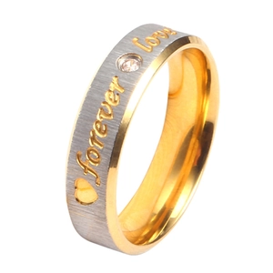 18K gold plated two-tone brushed titanium steel ring with zircon and forever love engraving