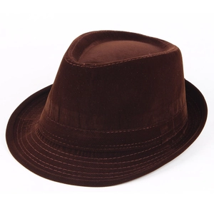 Men's vintage dark brown corduroy fedora hat with fine striped texture on white background