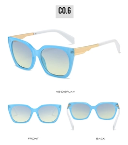 Detailed multi-angle views of square sunglasses with light blue gradient lenses and gold legs