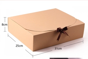 Kraft gift box with brown ribbon bow showing 31x25x8cm size dimensions for packaging