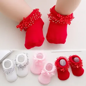 Baby Girls Cotton Lace Ruffle Socks With Polka Dot Bow Princess Newborn Infants Toddlers Breathable