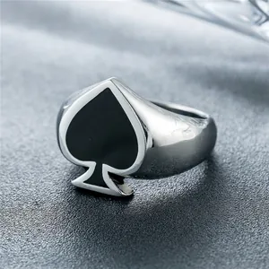 Vintage spade poker ring for men in polished stainless steel with black enamel finish