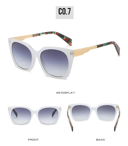 Detailed multi-angle views of square frame sunglasses with gold metal temples