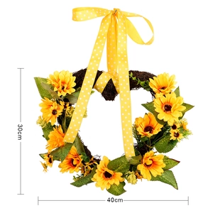 Couronne de tournesols artificielle en forme de cœur avec ruban jaune, taille 30x40cm