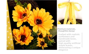Détail d'une couronne de tournesols avec ruban à pois jaunes et base en osier tressé