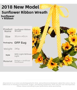 Détail de la couronne de tournesols en forme de cœur avec base en rotin et ruban à pois jaune