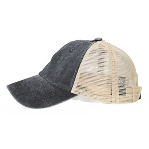 Side view of washed cotton baseball cap with retro gray panels and breathable beige mesh