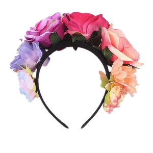 Floral bridal headband with colorful synthetic roses in pink, purple, and blue tones