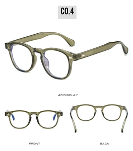 Trois vues de lunettes rondes TR90 vert olive translucide avec charnières rivetées