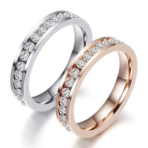 Stainless Steel Single Row Rhinestone Eternity Band Ring For Women Elegant Geometric Polished Finger Ring Jewelry For Wedding Party