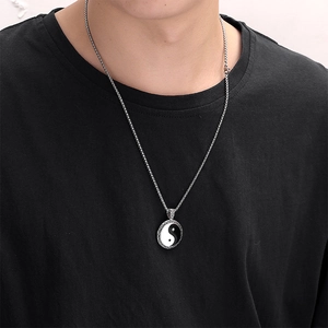 Men's stainless steel necklace with classic black and white Tai Chi pendant on silver chain