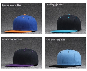 Detailed grid view of blank snapback hats in four distinct contrast color combinations