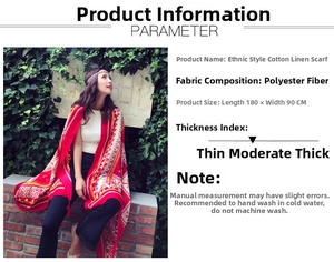 Close-up of ethnic red print scarf made of polyester fabric measuring 180x90 cm