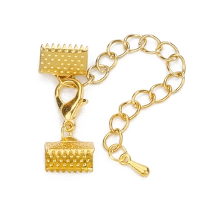 Detail of gold-plated lobster clasp with extension chain and cord end crimp connectors