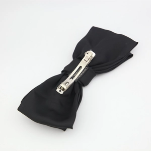 Classic large black satin double bow headband hair clip with silver spring clasp