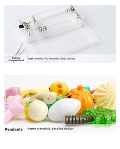 Detail of transparent PVC battery box and colorful plastic holiday light pendants