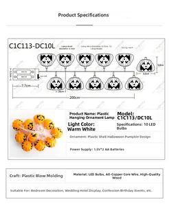 Technical diagram showing 2m warm white 10 LED pumpkin string light and battery box specs