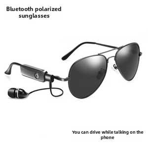 Detail view of Bluetooth aviator sunglasses with integrated earbud and polarized lenses
