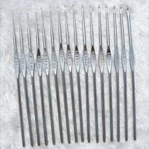 Set of 16 silver metal crochet hooks showing clear size markings from 0.5mm to 2.5mm