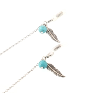 Silver eyewear chain with turquoise beads and feather pendants on white background