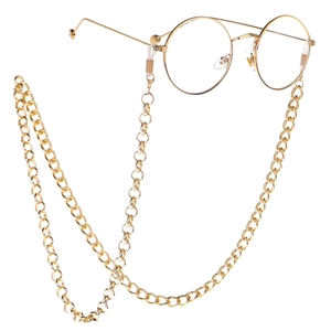 Elegant gold metal eyeglass chain with classic round frames on a clean white background