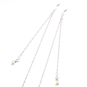 Silver metal sunglasses chain with white pearls and rubber anti-slip loops on white background