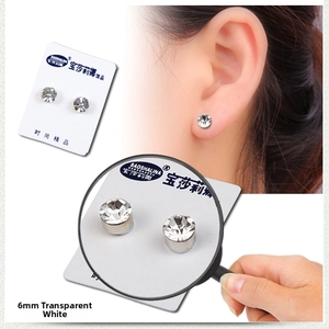 Detail of 6mm clear cubic zirconia magnetic stud earring showing crystal and secure fit