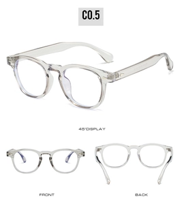 Vues multiples de montures de lunettes TR90 transparentes avec filtre de lumière bleue