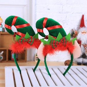 Christmas Elf Hat Headband With Ears Green Red Feather Striped Bow Bell For Xmas Party Costume Decorative Hair Accessories