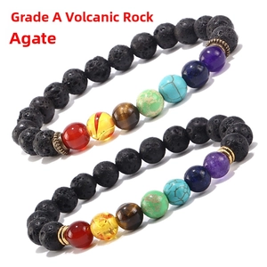 Close-up of 7 Chakra lava stone bracelets with tiger eye and colorful energy beads