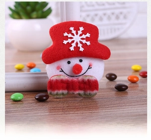 Detailed view of a plush snowman brooch with a red hat and festive striped bow tie