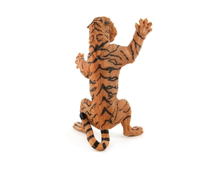 Detailed back view of a realistic tiger figurine with orange fur and black stripes texture