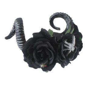 Gothic black ram horns headband with roses, spider and fly details for Halloween cosplay
