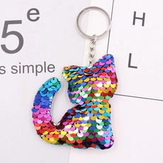 Close-up of rainbow sequin cat keychain with silver metal ring on white background