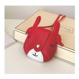 Detail of red leather cartoon animal crossbody bag for kids with gold button and embroidery