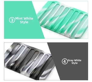 Detail of marble pattern silicone soap trays in mint white and grey white color options