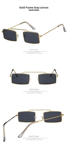 Detail view of vintage square metal sunglasses with gold frames and grey lenses from multiple angles