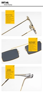 Detail view of reinforced metal hinges and ergonomic temples on rectangular sunglasses