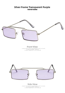 Detail view of vintage rectangular silver metal frame sunglasses with purple lenses