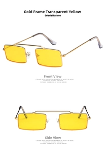 Close-up of retro square metal sunglasses with gold frame and yellow transparent lenses