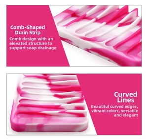 Detail of comb-shaped silicone soap holder with pink marble texture for drainage