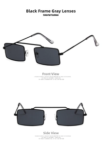 Front and 45-degree side views of retro black metal square frame sunglasses with grey lenses