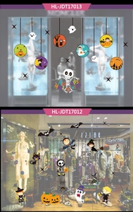 Detailed Halloween window stickers with pumpkins, ghosts, and bats for festive shop displays