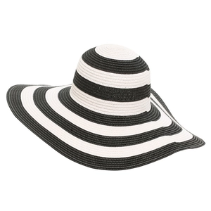 Women's summer beach sun hat with wide brim and classic black and white stripes