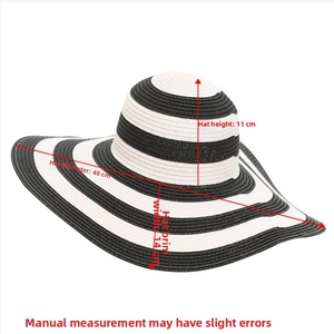 Detail showing dimensions of wide brim stripe straw hat with 48cm diameter and 11cm height