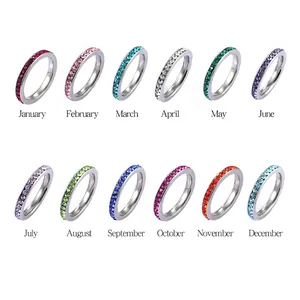 Set of 12 stainless steel birthstone rings with colorful cubic zirconia settings