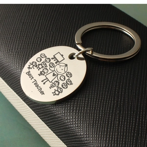 Engraved stainless steel Best Teacher keychain with students cartoon on black leather